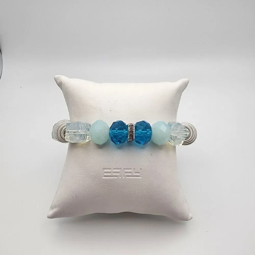 Roman Blue Crystal & Silver Tone Beads Stretchy Bracelet